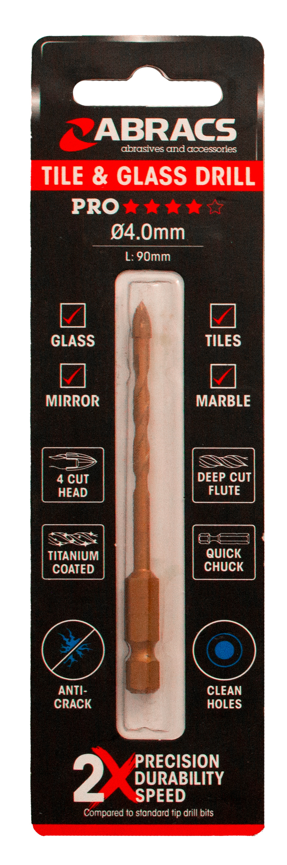 Abracs  4.0mm x 90mm Glass & Tile Drill Bit (4 Tip)   