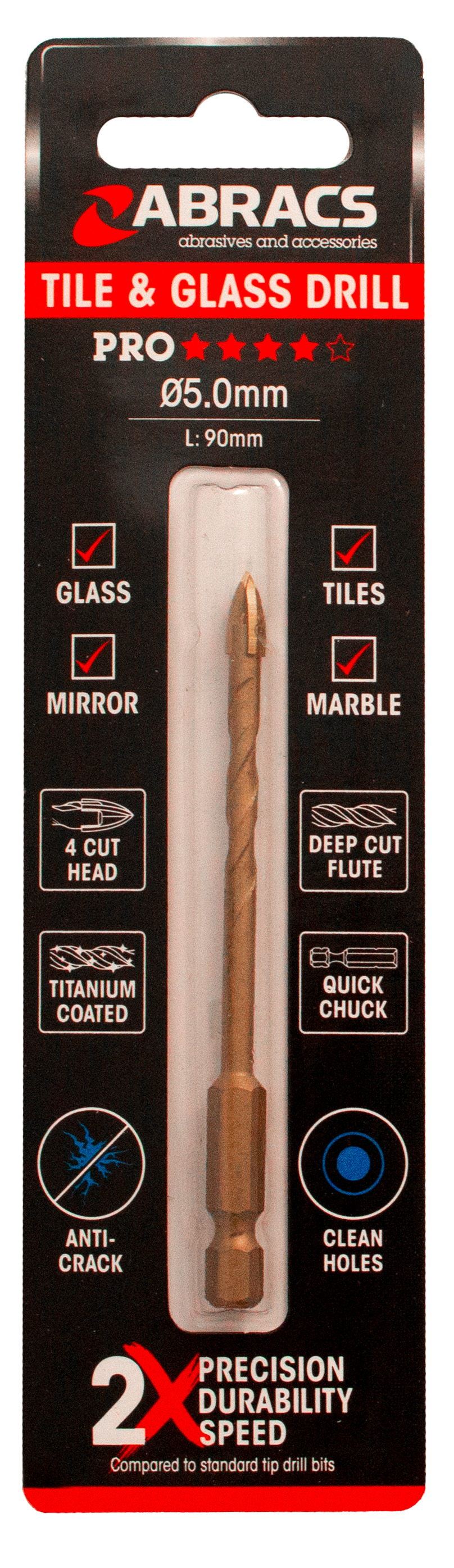Abracs  5.0mm x 90mm Glass & Tile Drill Bit (4 Tip)   