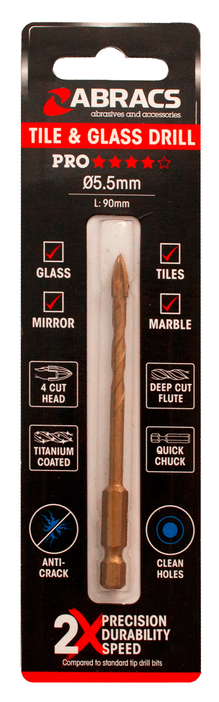 Abracs  5.5mm x 90mm Glass & Tile Drill Bit (4 Tip)   