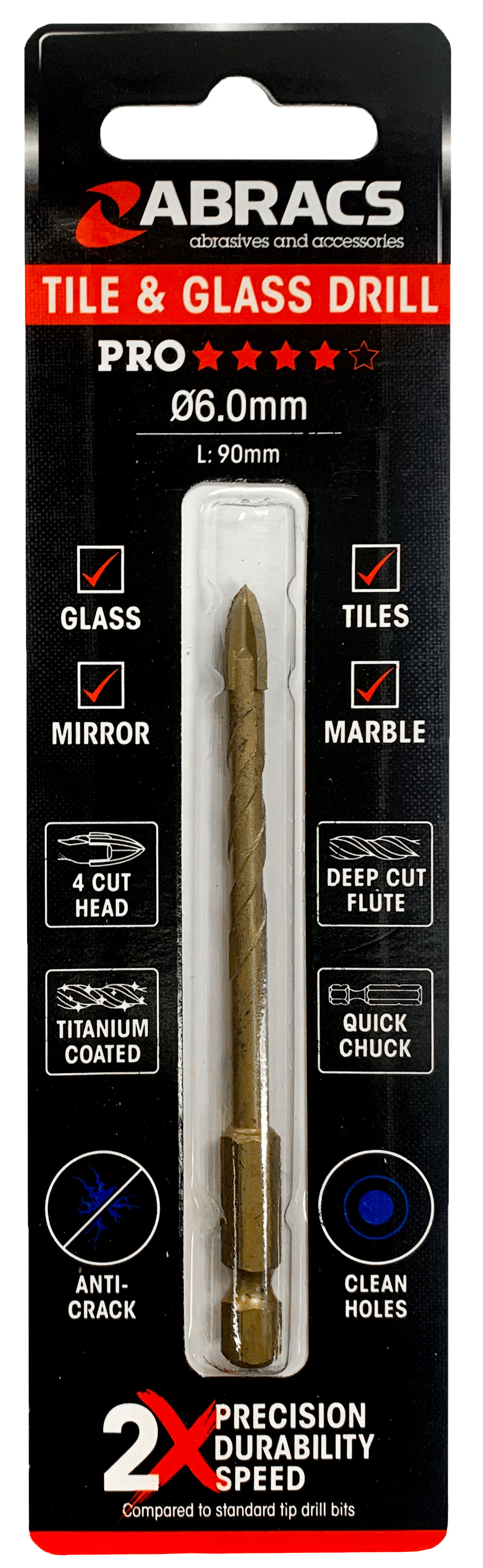Abracs  6.0mm x 90mm Glass & Tile Drill Bit (4 Tip)   