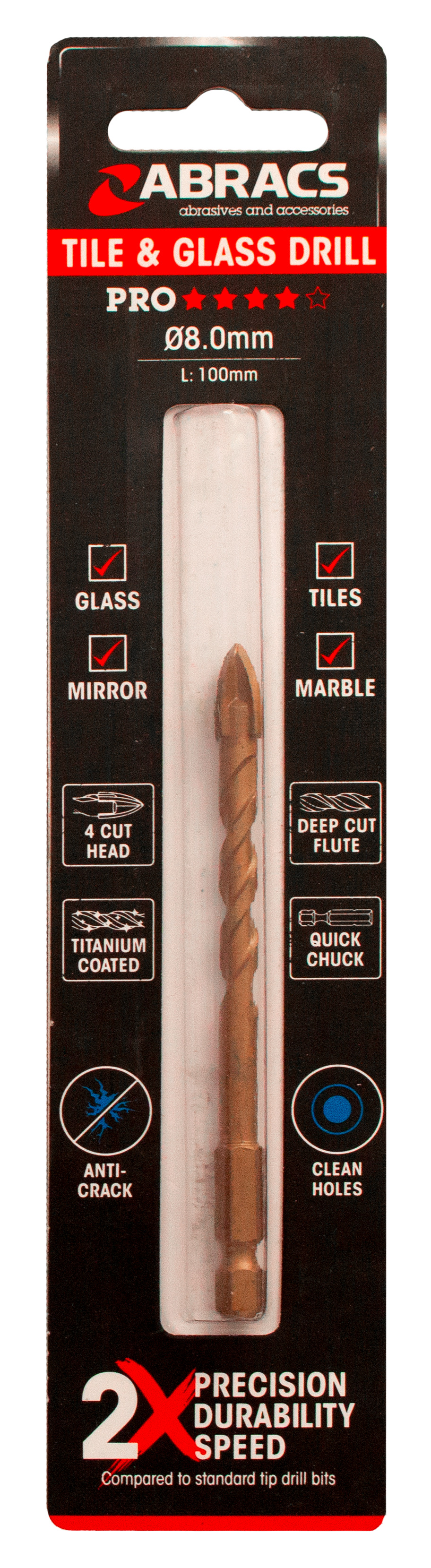Abracs  8.0mm x 100mm Glass & Tile Drill Bit (4 Tip)   