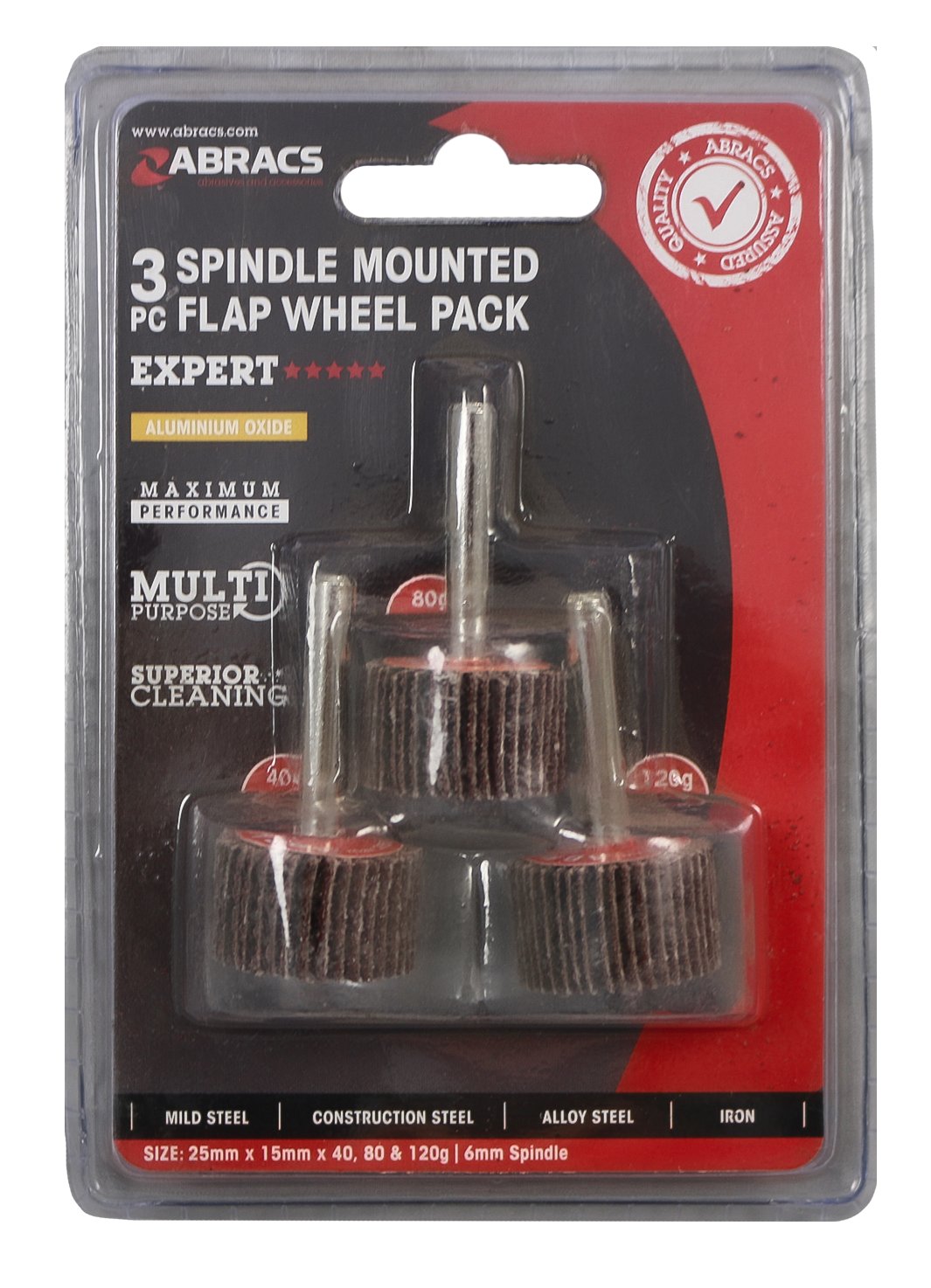 Abracs  3pc FLAP WHEEL PACK 25mm x 15mm x 40/80/120g Alum/Oxide