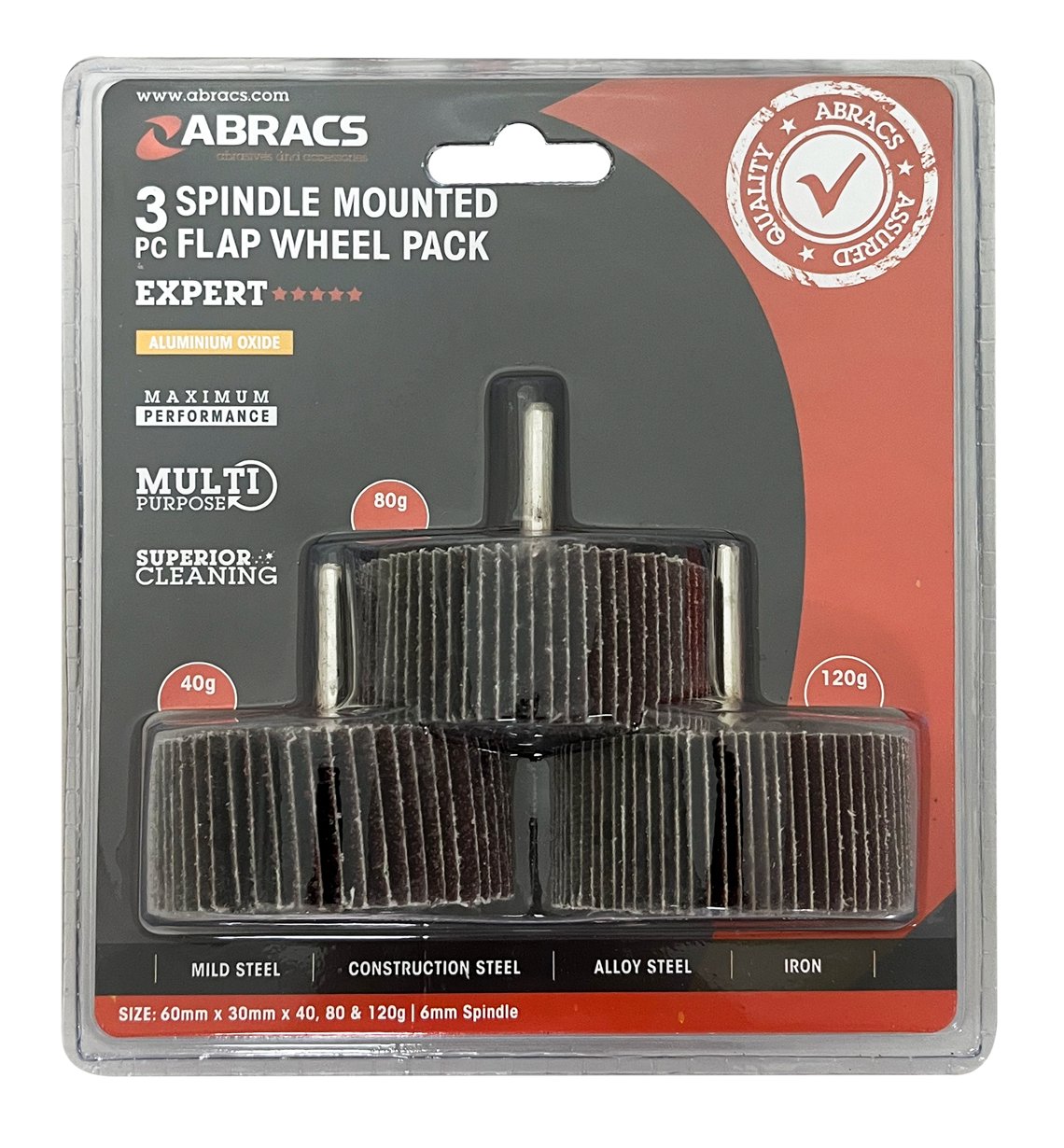 Abracs  3pc FLAP WHEEL PACK 60mm x 30mm x 40/80/120g Alum/Oxide