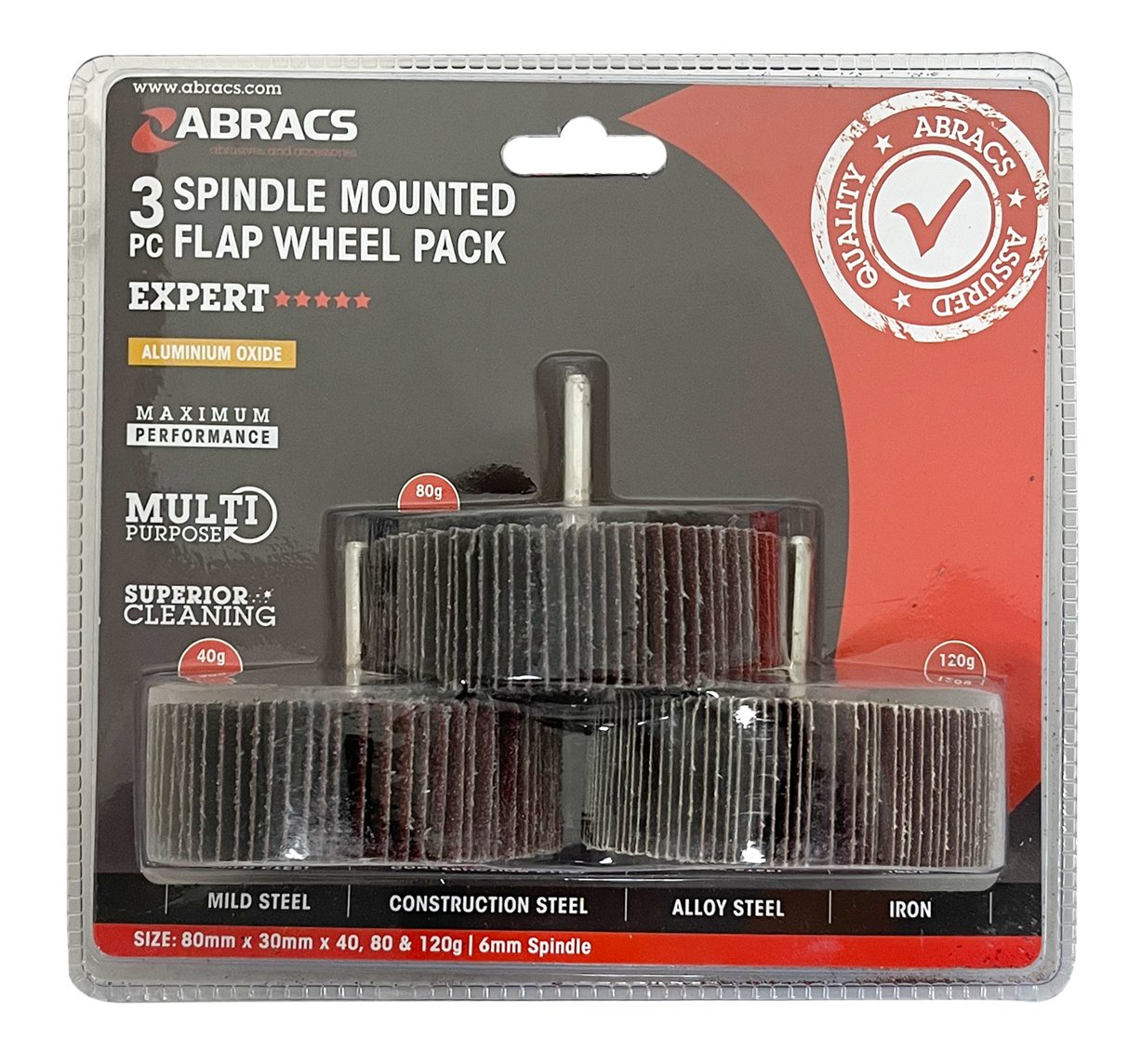 Abracs  3pc FLAP WHEEL PACK 80mm x 30mm x 40/80/120g Alum/Oxide